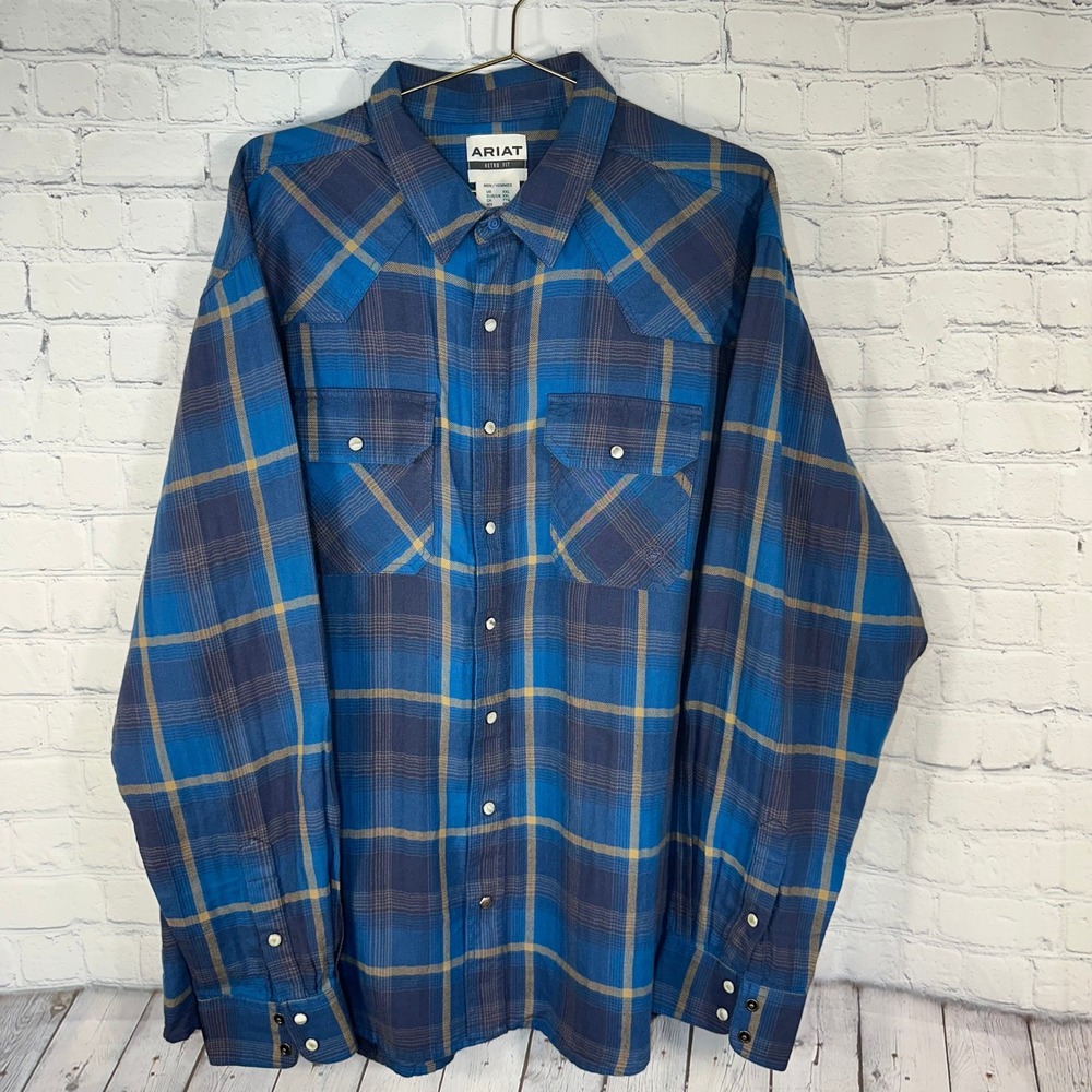 Ariat Retro Fit Mens XXL Blue Plaid Pearl Snap Western Yoke Long Sleeve Shirt